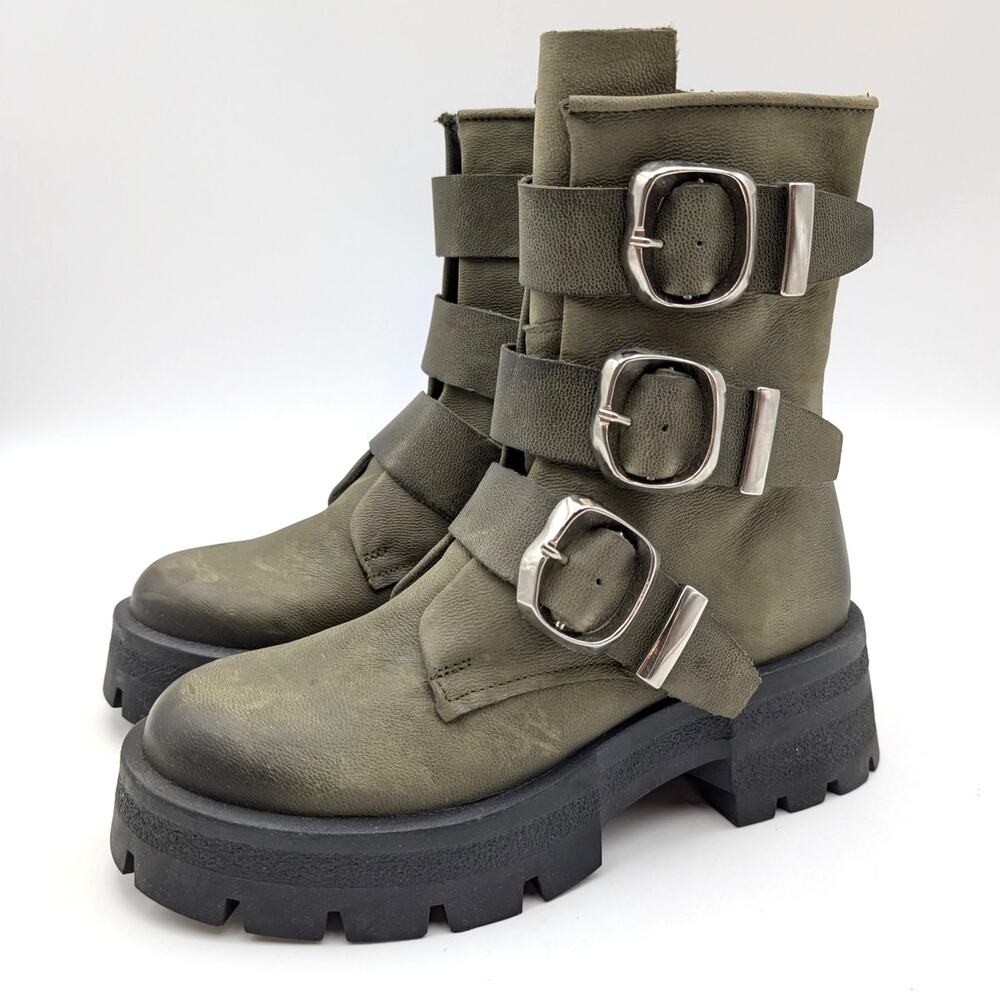 Steve Madden Roland Leather Buckle Moto Ankle Boots Women's Olive Sz US7M EU37.5